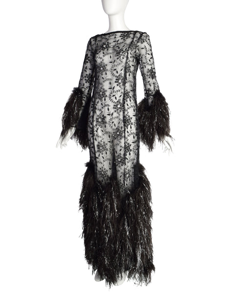Vintage 1980s Outstanding Black Sheer Floral Embroidered Rhinestone Embellished Ostrich Feather Gown