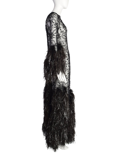 Vintage 1980s Outstanding Black Sheer Floral Embroidered Rhinestone Embellished Ostrich Feather Gown