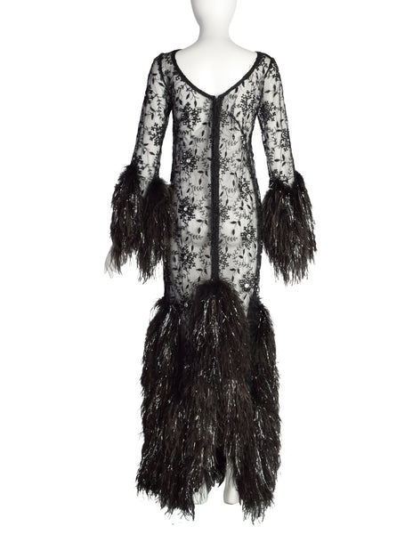 Vintage 1980s Outstanding Black Sheer Floral Embroidered Rhinestone Embellished Ostrich Feather Gown