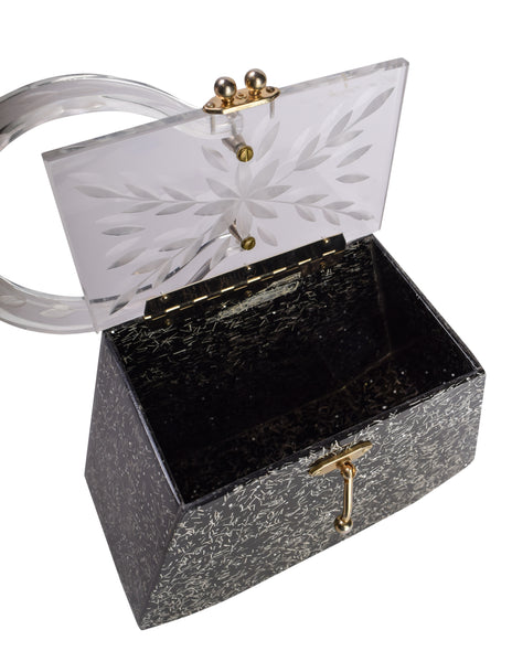 Charles Kahn Vintage 1950s Black & Silver Confetti Glitter Lucite Handbag