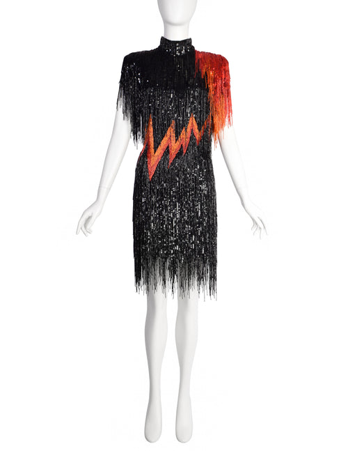Bob Mackie Vintage SS1989 Runway Black Orange Red Sequin Beaded Fringe Amarcord Vintage Fashion Bob Mackie Vintage SS1989 Runway Black Orange Red Sequin Beaded Fringe Amarcord Vintage Fashion