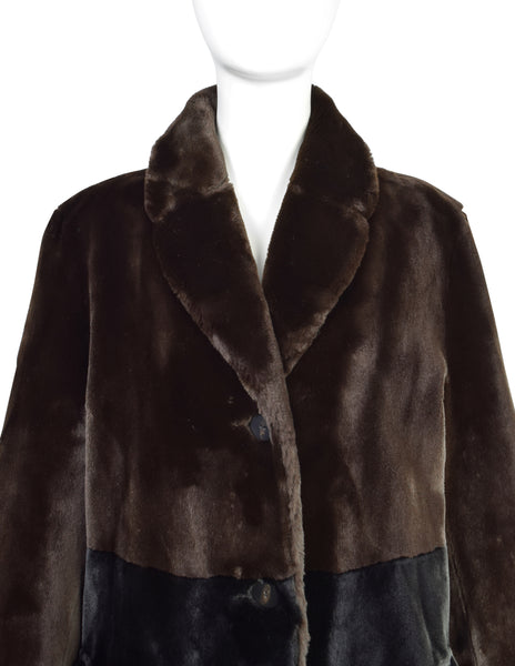 Bottega Veneta Vintage 1990s Two Tone Brown Black Faux Fur Coat