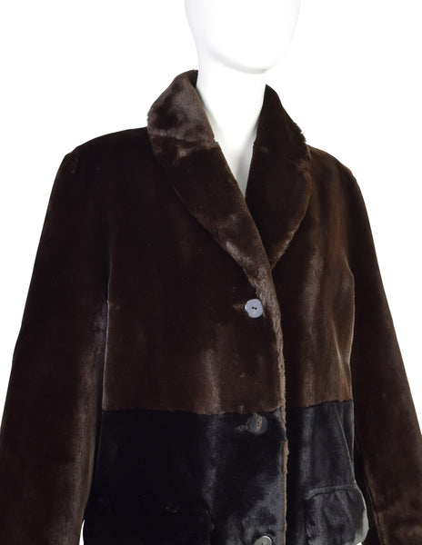 Bottega Veneta Vintage 1990s Two Tone Brown Black Faux Fur Coat
