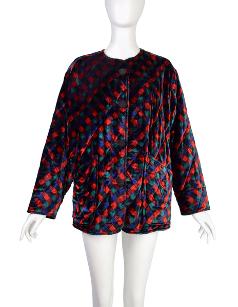 Bottega Veneta Vintage Black Red Blue Green Trompe L'oeil Intrecciato Quilted Velvet Coat and Shawl Set