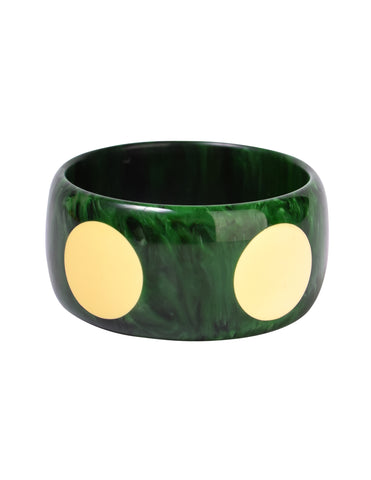 Bruce Pantti Vintage Marbled Deep Green and Creamy Yellow Dot Wide Bakelite Bracelet