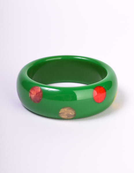 Bruce Pantti Vintage Green Multicolor Polka Dot Wide Bakelite Bracelet