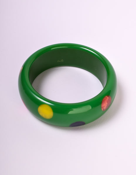 Bruce Pantti Vintage Green Multicolor Polka Dot Wide Bakelite Bracelet