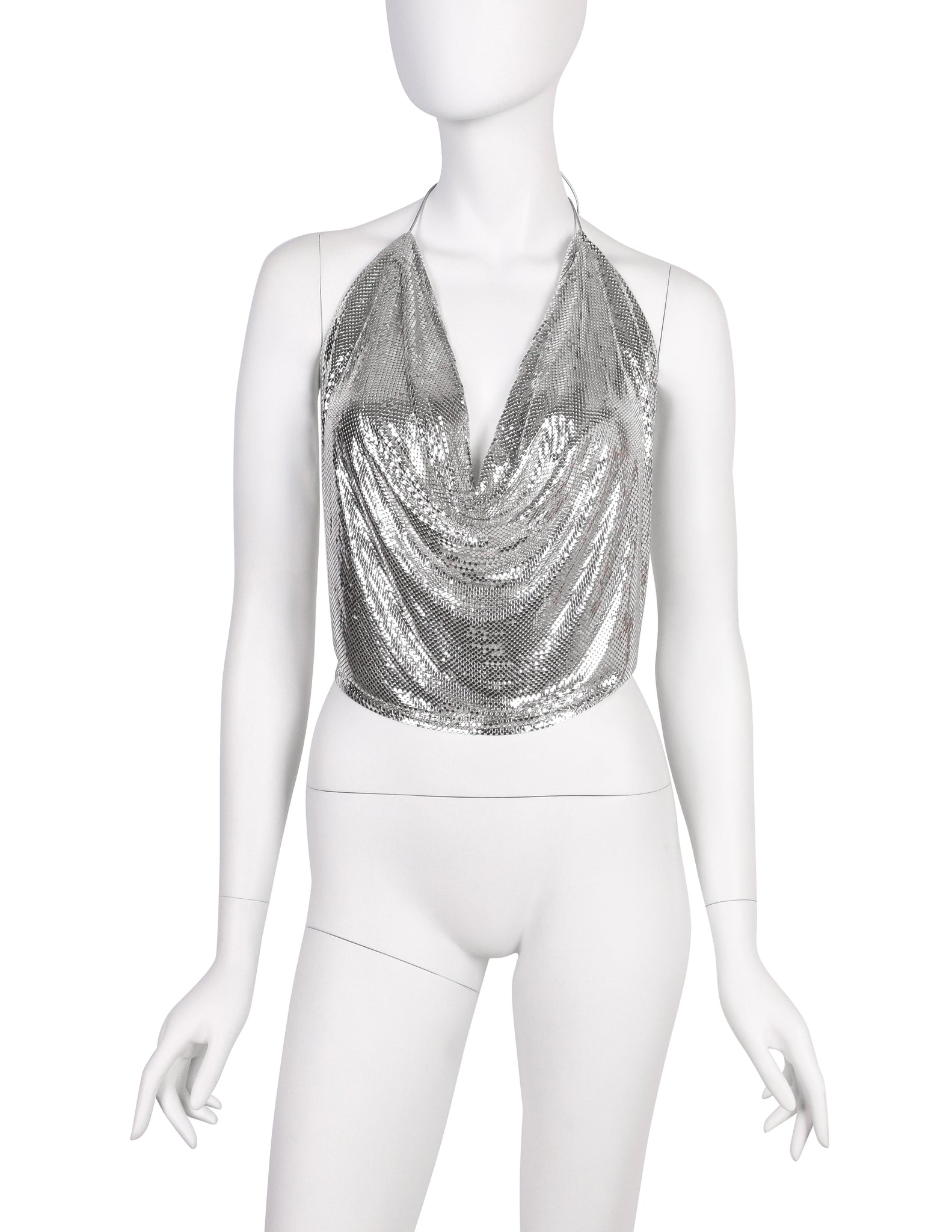 Ferrara Vintage Silver Metal Mesh Draping Halter Top