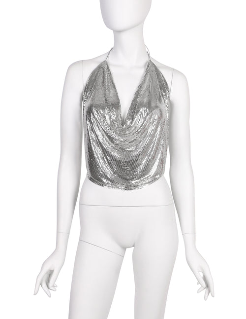 Ferrara Vintage Silver Metal Mesh Draping Halter Top
