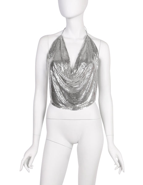 Ferrara Vintage Silver Metal Mesh Draping Halter Top