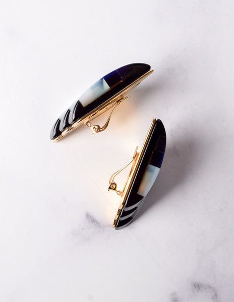 Vintage 1980s Italian Blue Purple Black Colorblock Resin Oversized Golden Earrings