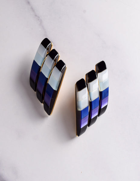 Vintage 1980s Italian Blue Purple Black Colorblock Resin Oversized Golden Earrings