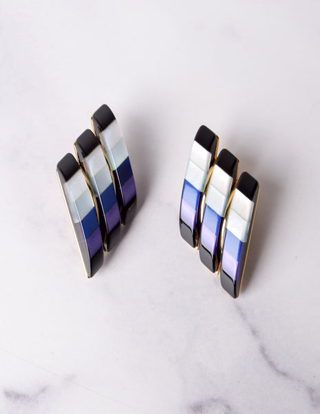Vintage 1980s Italian Blue Purple Black Colorblock Resin Oversized Golden Earrings