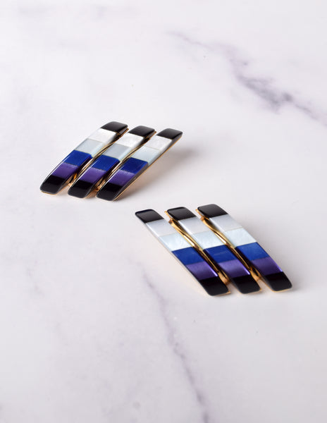Vintage 1980s Italian Blue Purple Black Colorblock Resin Oversized Golden Earrings