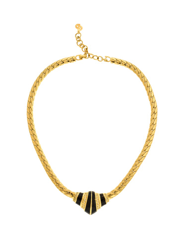 Christian Dior Vintage Black and Gold Rhinestone Enamel 'Croissant' Necklace
