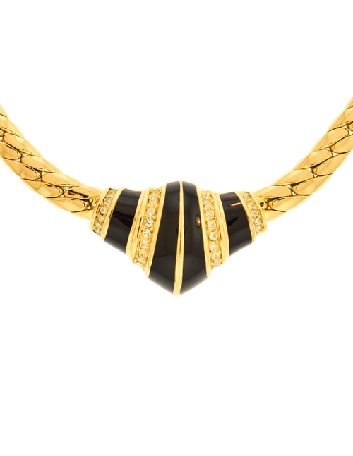 Christian Dior Vintage Black and Gold Rhinestone Enamel 'Croissant