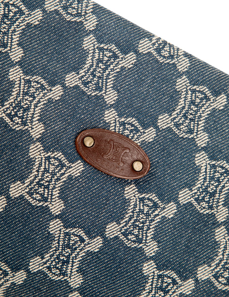 Celine Vintage Triomphe Macadam Monogram Blue Denim and Brown Leather Shoulder Bag