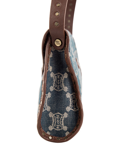 Celine Vintage Triomphe Macadam Monogram Blue Denim and Brown Leather Shoulder Bag