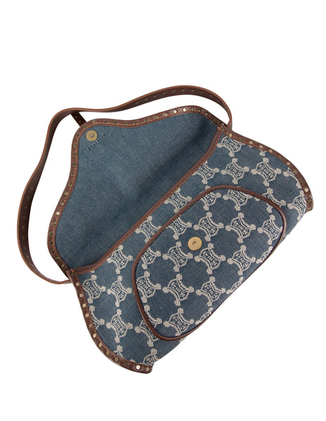Celine Vintage Triomphe Macadam Monogram Blue Denim and Brown Leather Shoulder Bag