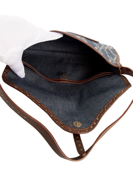 Celine Vintage Triomphe Macadam Monogram Blue Denim and Brown Leather Shoulder Bag