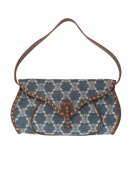 Celine Vintage Triomphe Macadam Monogram Blue Denim and Brown Leather Shoulder Bag