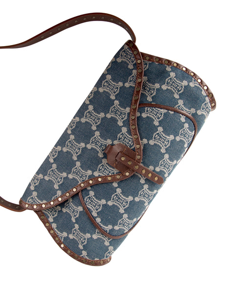 Celine Vintage Triomphe Macadam Monogram Blue Denim and Brown Leather Shoulder Bag
