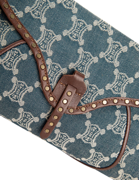 Celine Vintage Triomphe Macadam Monogram Blue Denim and Brown Leather Shoulder Bag