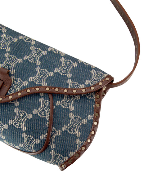 Celine Vintage Triomphe Macadam Monogram Blue Denim and Brown Leather Shoulder Bag