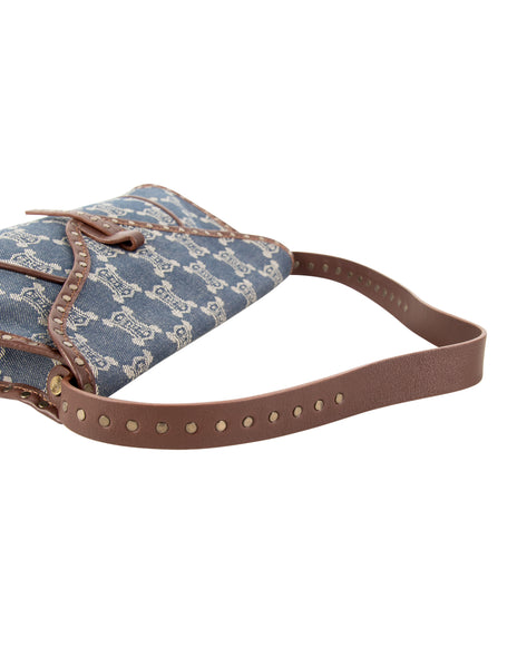 Celine Vintage Triomphe Macadam Monogram Blue Denim and Brown Leather Shoulder Bag