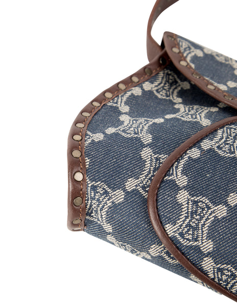 Celine Vintage Triomphe Macadam Monogram Blue Denim and Brown Leather Shoulder Bag