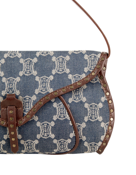 Celine Vintage Triomphe Macadam Monogram Blue Denim and Brown Leather Shoulder Bag