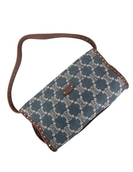 Celine Vintage Triomphe Macadam Monogram Blue Denim and Brown Leather Shoulder Bag