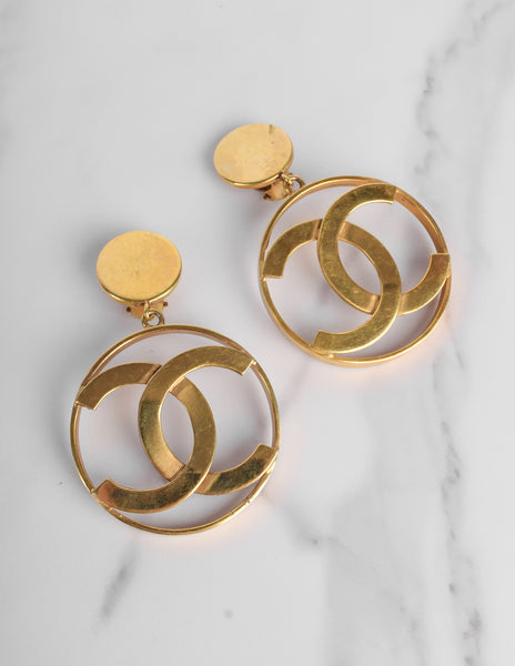 Chanel Vintage 1986 Iconic Dangling Golden CC Logo Statement Earrings