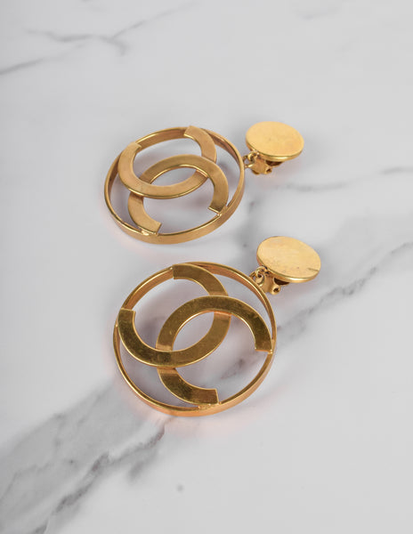 Chanel Vintage 1986 Iconic Dangling Golden CC Logo Statement Earrings