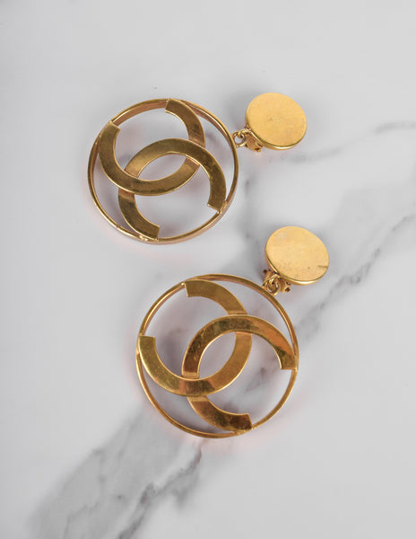 Chanel Vintage 1986 Iconic Dangling Golden CC Logo Statement Earrings
