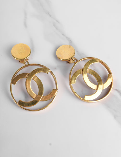 Chanel Vintage 1986 Iconic Dangling Golden CC Logo Statement Earrings