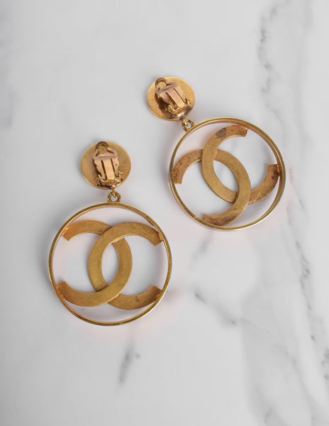Chanel Vintage 1986 Iconic Dangling Golden CC Logo Statement Earrings