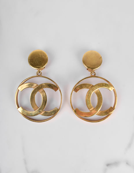 Chanel Vintage 1986 Iconic Dangling Golden CC Logo Statement Earrings
