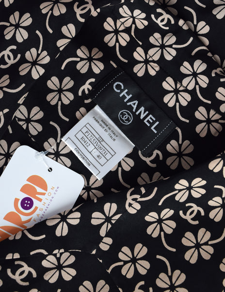 Chanel Vintage SS 2001 CC Logo and Clover Print Black and Beige Silk Shirt