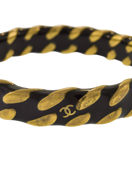Chanel Vintage AW 1997 Black Enamel and Brass Chain Bangle Bracelet