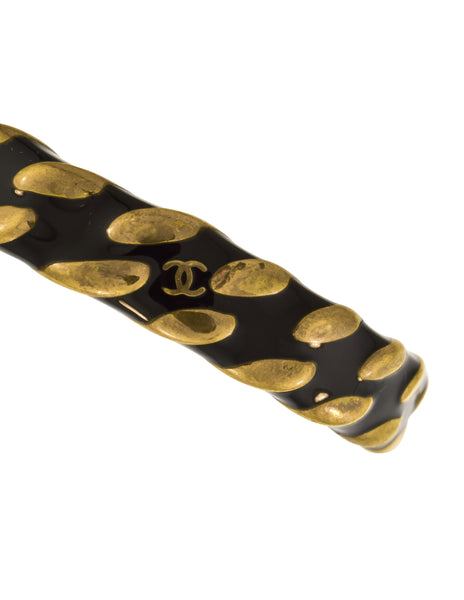 Chanel Vintage AW 1997 Black Enamel and Brass Chain Bangle Bracelet