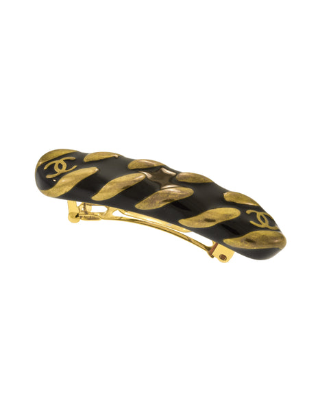 Chanel Vintage AW 1997 Black Enamel and Brass Chain Hair Clip Barrette