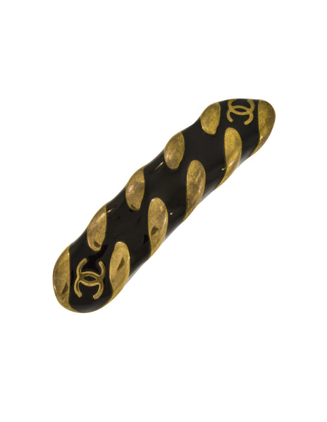 Chanel Vintage AW 1997 Black Enamel and Brass Chain Hair Clip Barrette