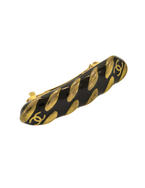 Chanel Vintage AW 1997 Black Enamel and Brass Chain Hair Clip Barrette