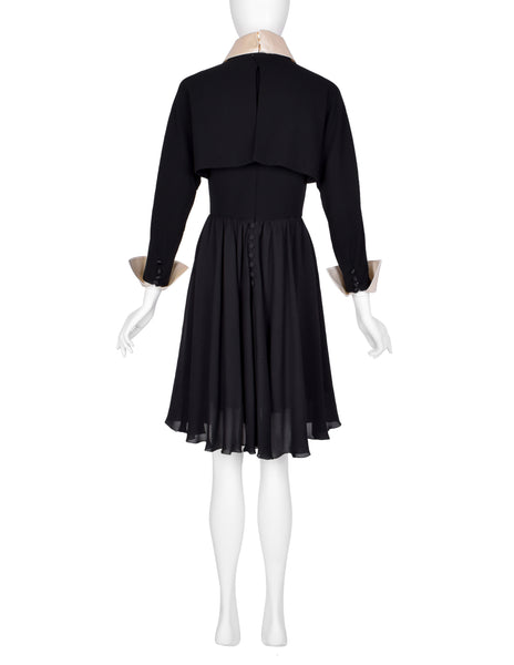 Chanel Vintage AW 1991 Black Wool and Silk Dress with Ivory Silk Collar and Cuffs