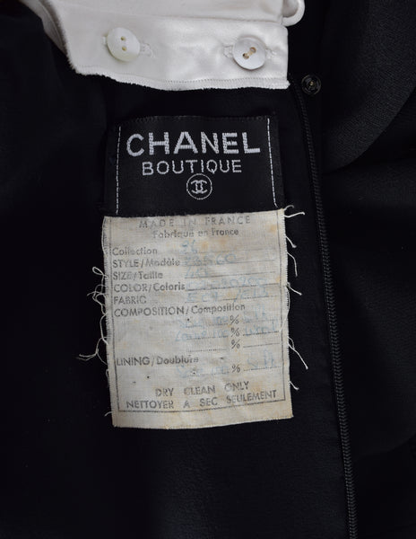 Chanel Vintage AW 1991 Black Wool and Silk Dress with Ivory Silk Collar and Cuffs
