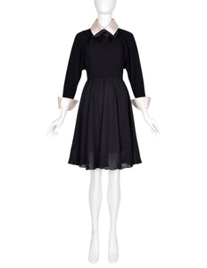 Chanel Vintage AW 1991 Black Wool and Silk Dress with Ivory Silk Collar and Cuffs