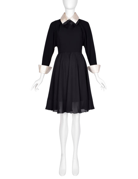 Chanel Vintage AW 1991 Black Wool and Silk Dress with Ivory Silk Collar and Cuffs
