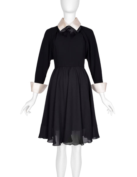 Chanel Vintage AW 1991 Black Wool and Silk Dress with Ivory Silk Collar and Cuffs