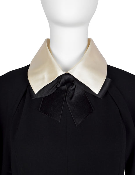 Chanel Vintage AW 1991 Black Wool and Silk Dress with Ivory Silk Collar and Cuffs